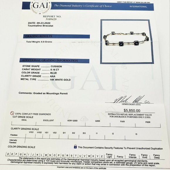 14 K White Gold Blue Tourmaline Diamond Bracelet - Picture 8 of 8